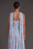 Blue Pink Floral A Line Ruched Strapless Long Beach Wedding Guest Dress with Slit