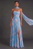 Blue Pink Floral A Line Ruched Strapless Long Beach Wedding Guest Dress with Slit