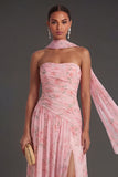 Blue Pink Floral A Line Ruched Strapless Long Beach Wedding Guest Dress with Slit