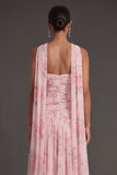 Blue Pink Floral A Line Ruched Strapless Long Beach Wedding Guest Dress with Slit