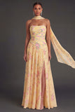 Blue Pink Floral A Line Ruched Strapless Long Beach Wedding Guest Dress with Slit
