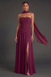 Butter Yellow Strapless Ruched A Line Long Wedding Guest Dress with Slit