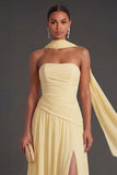 Butter Yellow Strapless Ruched A Line Long Wedding Guest Dress with Slit