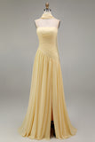 Butter Yellow Strapless Ruched A Line Long Wedding Guest Dress with Slit