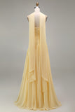 Butter Yellow Strapless Ruched A Line Long Wedding Guest Dress with Slit