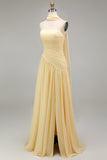 Butter Yellow Strapless Ruched A Line Long Wedding Guest Dress with Slit