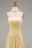 Butter Yellow Strapless Ruched A Line Long Wedding Guest Dress with Slit