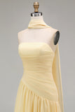 Butter Yellow Strapless Ruched A Line Long Wedding Guest Dress with Slit