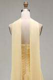 Butter Yellow Strapless Ruched A Line Long Wedding Guest Dress with Slit
