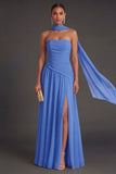Butter Yellow Strapless Ruched A Line Long Wedding Guest Dress with Slit