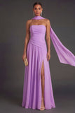 Butter Yellow Strapless Ruched A Line Long Wedding Guest Dress with Slit