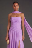 Butter Yellow Strapless Ruched A Line Long Wedding Guest Dress with Slit