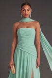 Butter Yellow Strapless Ruched A Line Long Wedding Guest Dress with Slit