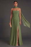 Butter Yellow Strapless Ruched A Line Long Wedding Guest Dress with Slit