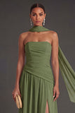 Butter Yellow Strapless Ruched A Line Long Wedding Guest Dress with Slit