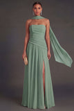 Butter Yellow Strapless Ruched A Line Long Wedding Guest Dress with Slit