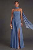 Butter Yellow Strapless Ruched A Line Long Wedding Guest Dress with Slit
