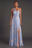 Convertible Pink Red Floral One Shoulder Long Beach Wedding Guest Dress with Slit
