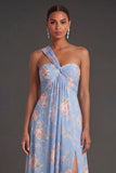 Convertible Pink Red Floral One Shoulder Long Beach Wedding Guest Dress with Slit