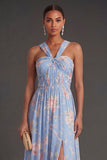 Convertible Pink Red Floral One Shoulder Long Beach Wedding Guest Dress with Slit