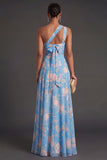 Convertible Pink Red Floral One Shoulder Long Beach Wedding Guest Dress with Slit