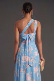 Convertible Pink Red Floral One Shoulder Long Beach Wedding Guest Dress with Slit
