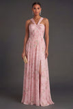 Convertible Pink Red Floral One Shoulder Long Beach Wedding Guest Dress with Slit