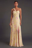 Convertible Pink Red Floral One Shoulder Long Beach Wedding Guest Dress with Slit