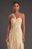 Convertible Pink Red Floral One Shoulder Long Beach Wedding Guest Dress with Slit