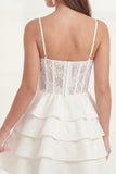 White Corset A Line Tiered Short Bridal Shower Dress with Lace