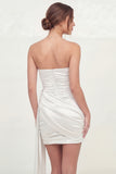 White Strapless Ruched Mini Bridal Shower Dress with Side Cape