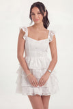 White Floral Spaghetti Straps Appliqued Ruffled Short Bridal Shower Dress
