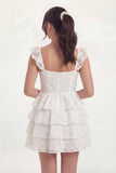White Floral Spaghetti Straps Appliqued Ruffled Short Bridal Shower Dress