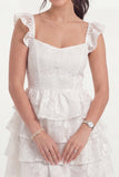 White Floral Spaghetti Straps Appliqued Ruffled Short Bridal Shower Dress