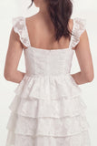 White Floral Spaghetti Straps Appliqued Ruffled Short Bridal Shower Dress