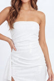 Bodycon White Ruched Strapless Short Bridal Shower Dress with Slit