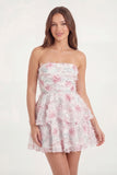 A Line White Pink Floral Ruffled Strapless Short Bridal Shower Dress