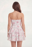 A Line White Pink Floral Ruffled Strapless Short Bridal Shower Dress