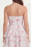 A Line White Pink Floral Ruffled Strapless Short Bridal Shower Dress