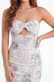 Bodycon White Purple Floral Strapless Cut Out Short Bridal Shower Dress