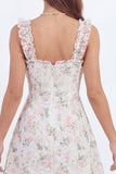 White Pink Floral Spaghetti Straps A Line Ruffled Short Bridal Shower Dress