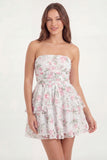 White Pink Floral Ruffled Tiered Strapless Ruched Short Bridal Shower Dress