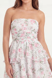 White Pink Floral Ruffled Tiered Strapless Ruched Short Bridal Shower Dress
