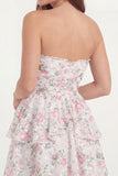 White Pink Floral Ruffled Tiered Strapless Ruched Short Bridal Shower Dress