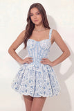 White Blue Floral A Line Corset Thick Straps Short Bridal Shower Dress