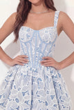 White Blue Floral A Line Corset Thick Straps Short Bridal Shower Dress
