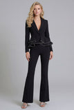 Black 2 Piece Double Breasted Peak Lapel Ruffled Women Formal Suits