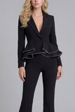 Black 2 Piece Double Breasted Peak Lapel Ruffled Women Formal Suits
