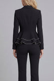 Black 2 Piece Double Breasted Peak Lapel Ruffled Women Formal Suits
