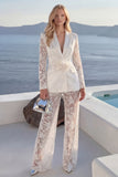 Floral White Peak Lapel Long Sleeves 2 Piece Business Suits